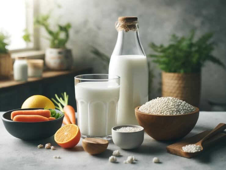 Bicchiere di kefir, una piccola ciotola di granuli e alcuni pezzi di frutta e verdura