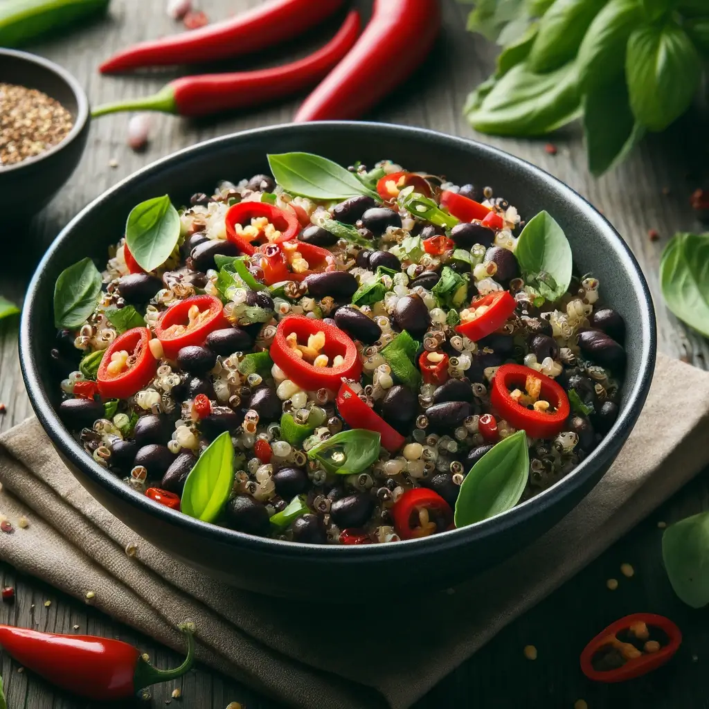 Insalata di quinoa e fagioli neri al peperoncino (ricetta vegana e senza glutine)