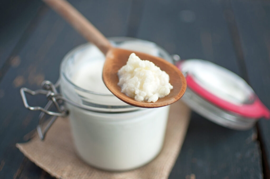 Primo piano dei granuli di kefir su un cucchiaio di legno